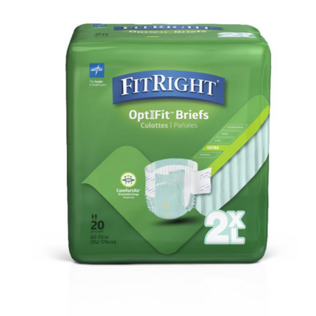 Package of FitRight Unisex Extra Incontinence Briefs in 2XL size, with ComfortAir technology and odor control. The green package features an image of the briefs with a wetness indicator, containing 20 pieces for waist sizes 60-70 inches (152-178 cm).